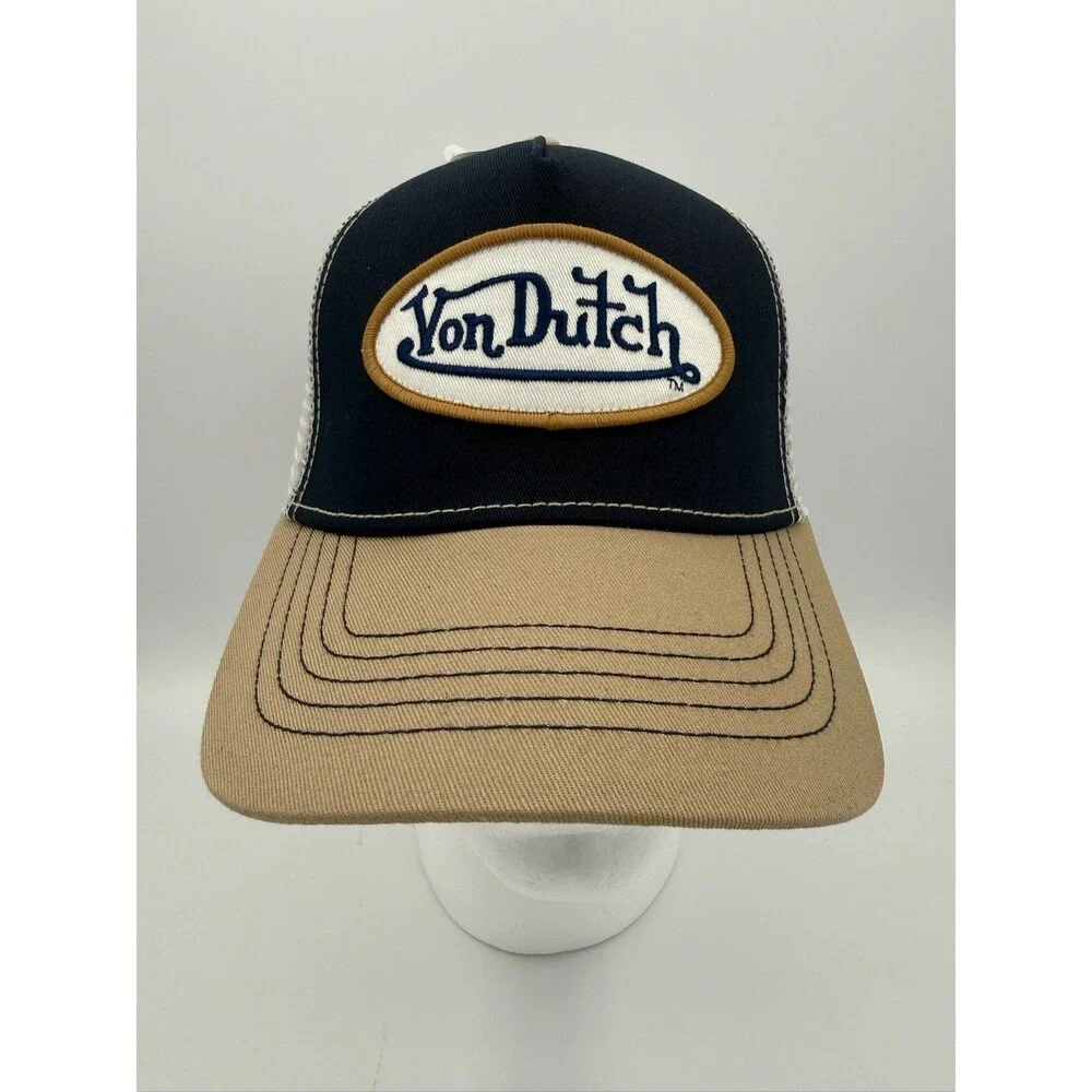 Von Dutch Trucker Hat Navy/Khaki Embroidered Patch Logo Snapback Cap NWT